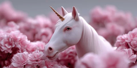 Poster A unicorn is standing in a field of pink flowers. The unicorn is white and has a pink horn. The scene is peaceful and serene, with the unicorn looking out over the flowers