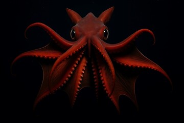 Vampire squid spreading red webbed arms in dark deep ocean environment