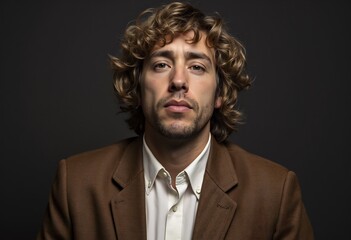 Obraz premium Confident Man in Suit: This is a portrait of a confident man with curly hair, wearing a brown jacket and a white shirt. He stares directly at the camera with a serious and intense look.