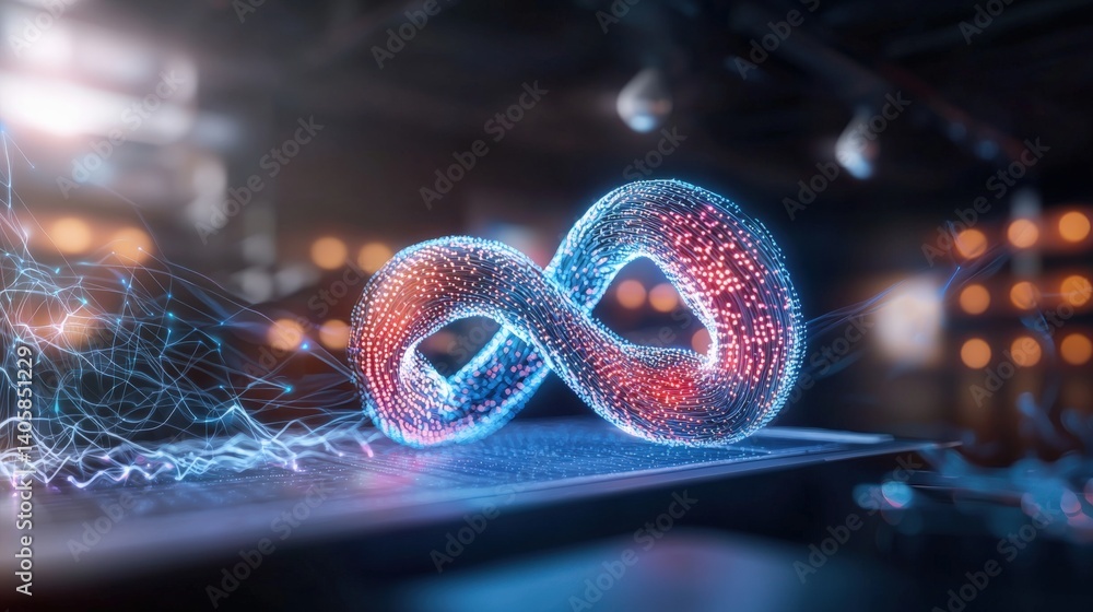 Poster digital infinity loop representation futuristic workspace 3d visualization high-tech environment dyn