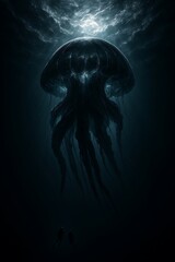 Giant jellyfish floating under moonlit ocean surface with divers observing below