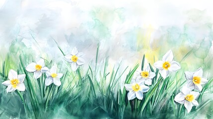 Fototapeta premium Watercolor spring narcissus flowers on grass for your creative designs.