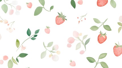 Watercolor strawberry clipart with leaves and flowers, ideal for natural products or tea labels.