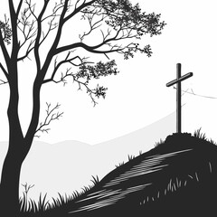 A tree stands against a simple backdrop, with a wooden cross on the earth below it. An evocative Good Friday illustration conveying hope and remembrance. Easter-related themes. A symbol of sacrifice.