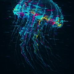 Glowing jellyfish with neon digital glitch distortion floating through dark underwater abyss