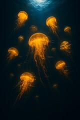 Swarm of glowing golden jellyfish with digital glitch effect drifting through dark deep ocean