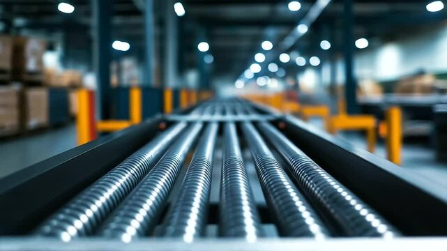 A detailed close-up of a roller conveyor system, showcasing the individual metal rollers, support beams, and sturdy industrial frame inside a well-organized warehouse.