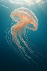 Orange glowing jellyfish swimming underwater in deep blue ocean scene