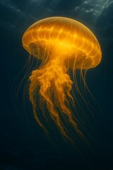 Glowing golden jellyfish floating gracefully through dark deep ocean in photorealistic scene