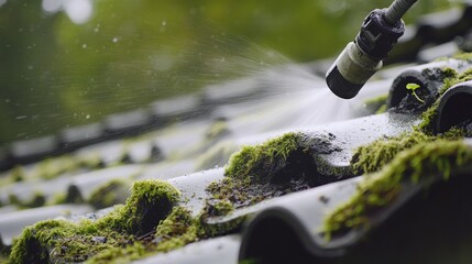 Roofing worker cleaning moss from a roof using a pressure washer. Featuring precision and care