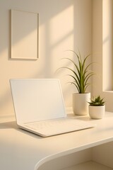 Minimalist workspace mockup scene with laptop and plants in sunlight