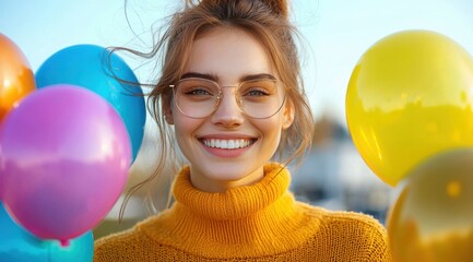 Smiling Brunette Woman with Balloons Celebrating Success Outdoors