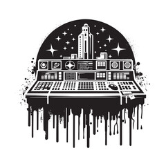 Abstract vector illustration of a mission control center with space theme