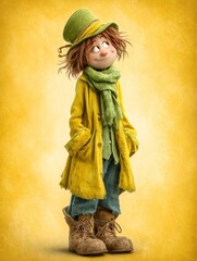 A little girl in a yellow coat and green hat