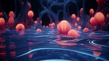 A serene scene of glowing, liquid-like forms flowing and merging in a tranquil pool.