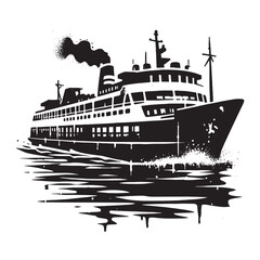 Grunge style ferry boat isolated, cutout black and white stencil art image