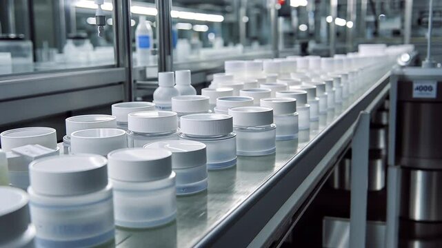 Rows of white cosmetic containers on a conveyor belt in a factory