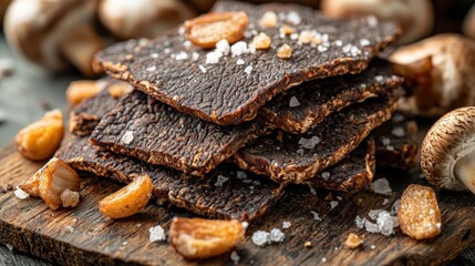 Obraz premium Mushroom jerky with garlic and salt crystals, showcasing chewy texture and rich flavor
