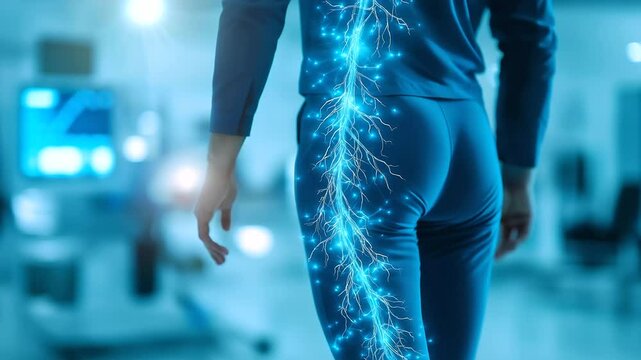 Medical concept image of sciatica pain with a glowing nerve pathway.