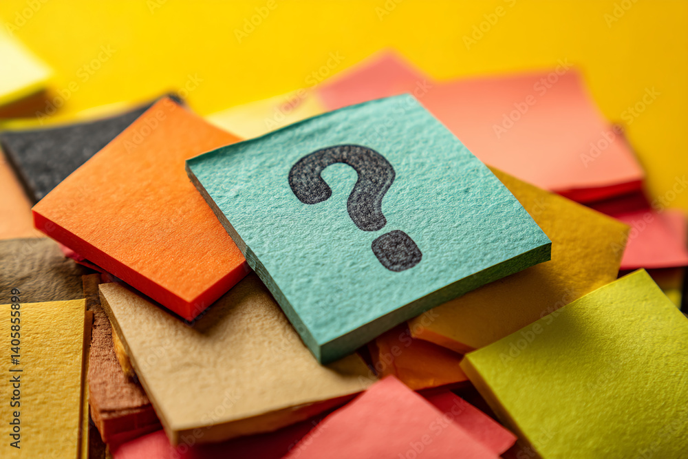 Aufkleber Close-up of colorful sticky notes, one featuring a question mark, suggesting uncertainty or brainstorming, ideal for problem-solving or FAQ concepts
