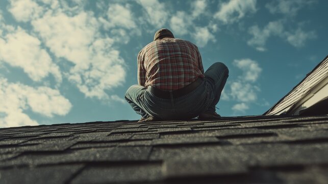 Roofing worker inspecting shingles for proper installation. Featuring detail and safety
