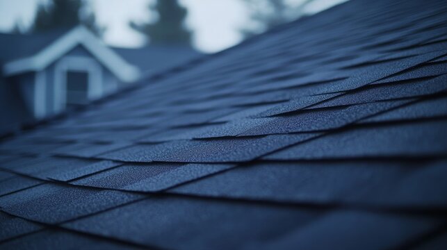 Roofing worker inspecting shingles for proper installation. Featuring detail and safety