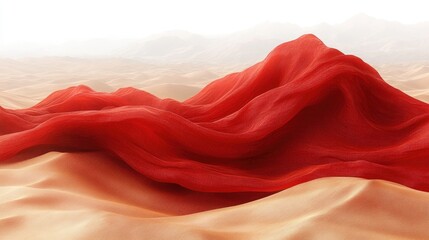 A red draped cloth sits atop a desert landscape with a mountain range in the background