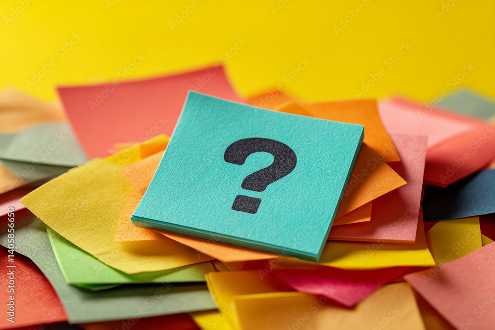 Fototapete Teal square note with black question mark on colorful note stack, symbolizing questions, choices, or problem-solving concepts