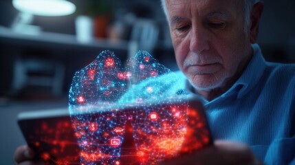 Elderly man engaged with technology home office digital interaction cozy environment close-up view connectivity exploration