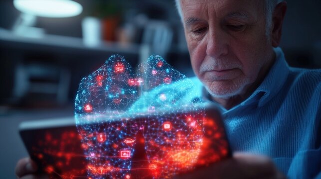 Elderly man engaged with technology home office digital interaction cozy environment close-up view connectivity exploration