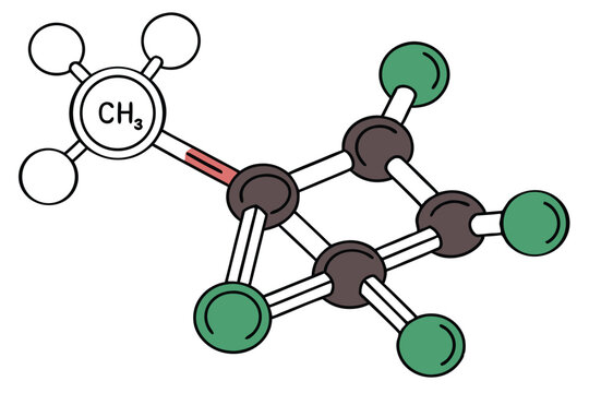 23 Molecular structure, 3D model, chloroform molecule, carbon tetrachloride molecule, methane molecule, green and white atoms, black carbon atoms, ball-and-stick representation, chemical bonds, organi