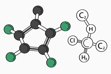23 Molecular structure, 3D model, chloroform molecule, carbon tetrachloride molecule, methane molecule, green and white atoms, black carbon atoms, ball-and-stick representation, chemical bonds, organi