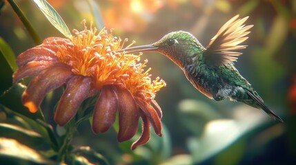 A hummingbird approaches a flower to take nectar in the sunshine