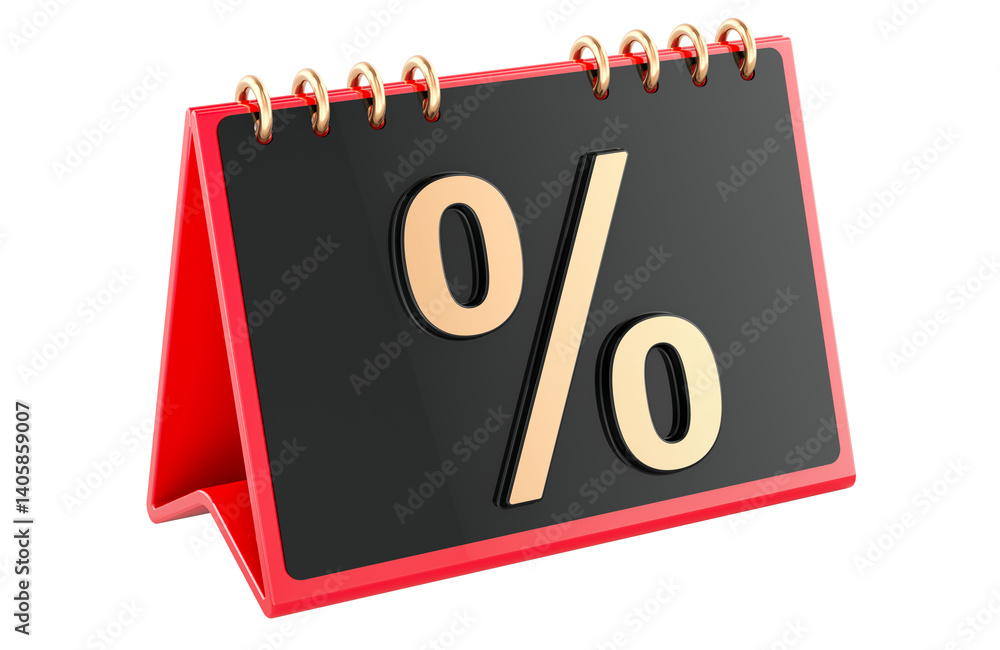 Poster desk calendar with percent symbol. 3d rendering isolated on transparent background