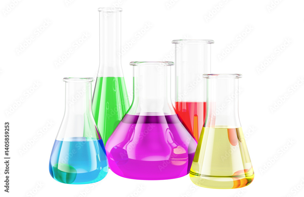 Poster set of chemical flasks with colored liquid. chemistry laboratory glassware. 3d rendering isolated on