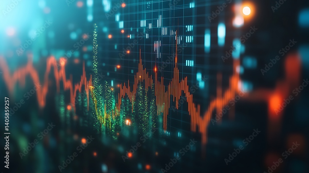 Poster futuristic financial chart with glowing lines, abstract financial chart with glowing lines and numbe