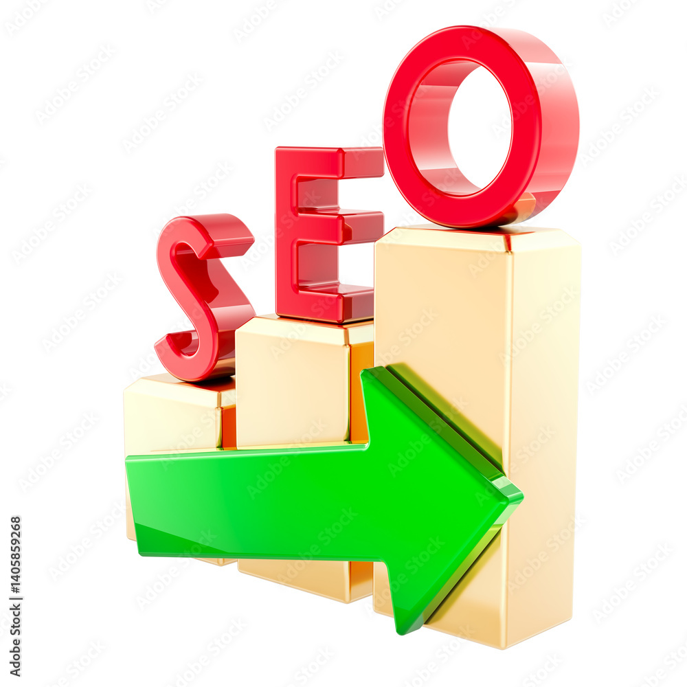 Poster seo concept with golden bar chart and green arrow, 3d rendering isolated on transparent background