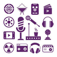 Purple Vector Illustration of Media, Technology and Entertainment Icons