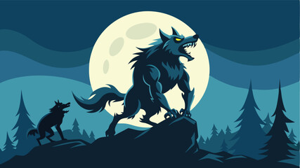 Wolf howling silhouettes against a full moon with mountains and forests in a night sky illustration