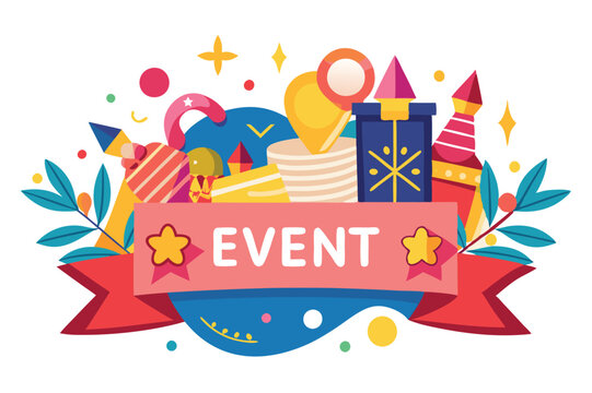 Colorful vector illustration depicting a vibrant event celebration with festive decorations and playful elements, perfect for promoting parties and gatherings in a cheerful atmosphere