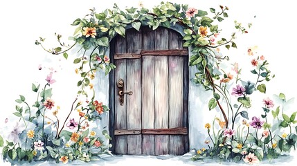 Beautiful watercolor flower arch over magical wooden garden door enchanted fantasy escape illustration image