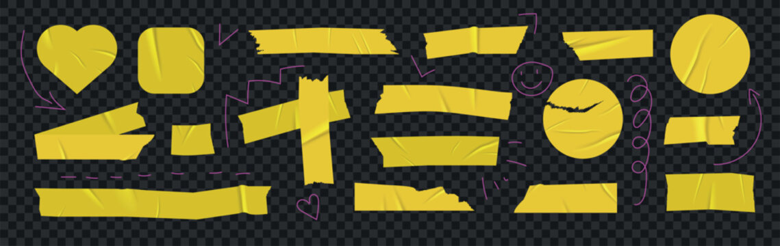 Yellow duct tape elements for photo collage. A collection of bright textured tape pieces with wrinkles in various shapes. Torn adhesive tape strips for frames, scrapbooking, and creative design. Vecto