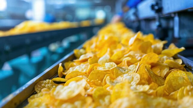 Potato chips production line at the factory. potato chips and snacks