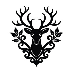Elegant Deer Logo With Ornamental Antlers White Background