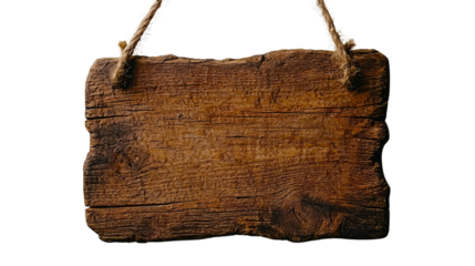 PNG of A rustic wooden sign hanging by twine, showcasing a weathered texture and natural wood grain, perfect for decoration.