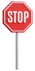red plastic 3d stop road sign on metal post isolated on white, transparent, png. 