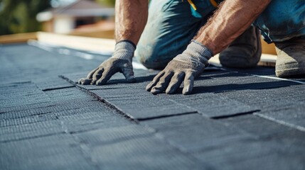 Roofing worker installing underlayment on a roof. Featuring skill and care