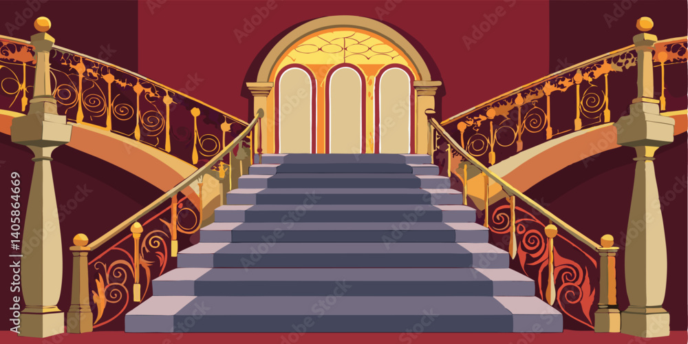 Poster elegant interior of a grand staircase with ornate railings and vibrant walls in a luxurious setting,