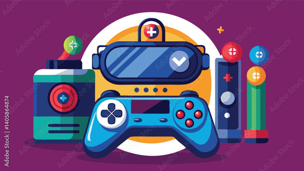 Poster vector illustration showcasing various gaming devices and accessories in a colorful layout with play