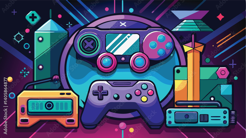 Aufkleber Vector illustration showcasing various gaming devices and accessories in a colorful layout with playful design elements